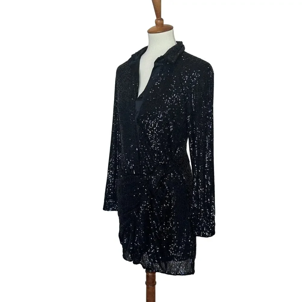 Parker Black Sequins Mini Dress SMALL Cocktail Party Shirt Designer Ruched $348 - Picture 7 of 10